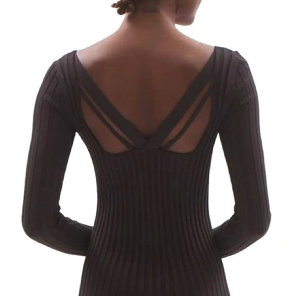HELMUT LANG Strap Rib-Knit Bodycon Mini Dress Brown Long Sleeve Size M NEW - Picture 13 of 14